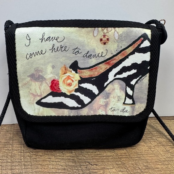 Whimsical Shoe Art Crossbody Shoulder Bag Black Canvas Graphic Strap Small Bag - Picture 2 of 10